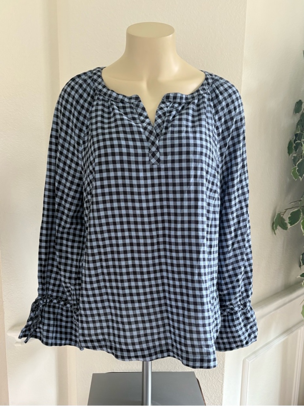 Talbots Blue and Black Gingham Print Blouse